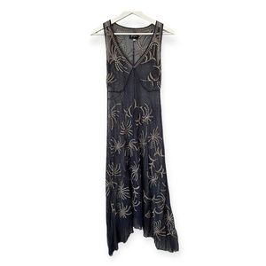 Biya Johnny Was Mesh Sheer See Thru Midi Maxi Dress Embroidered Blue Taupe XS